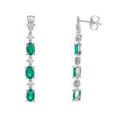 Oval Emerald Drop Dangle Earrings Round Diamonds 14K White Gold Contemporary