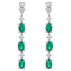 Oval Emerald Drop Dangle Earrings Round Diamonds 14K White Gold Contemporary