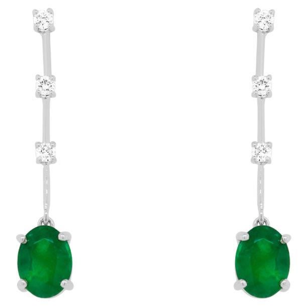 Oval Emerald Drop Dangle Earrings Round Diamonds 14K White Gold Contemporary