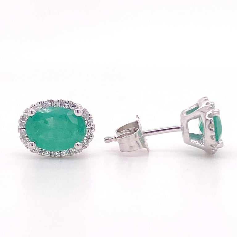 Oval Emerald Earring with Diamond Halo Post Stud Style, Green Emeralds