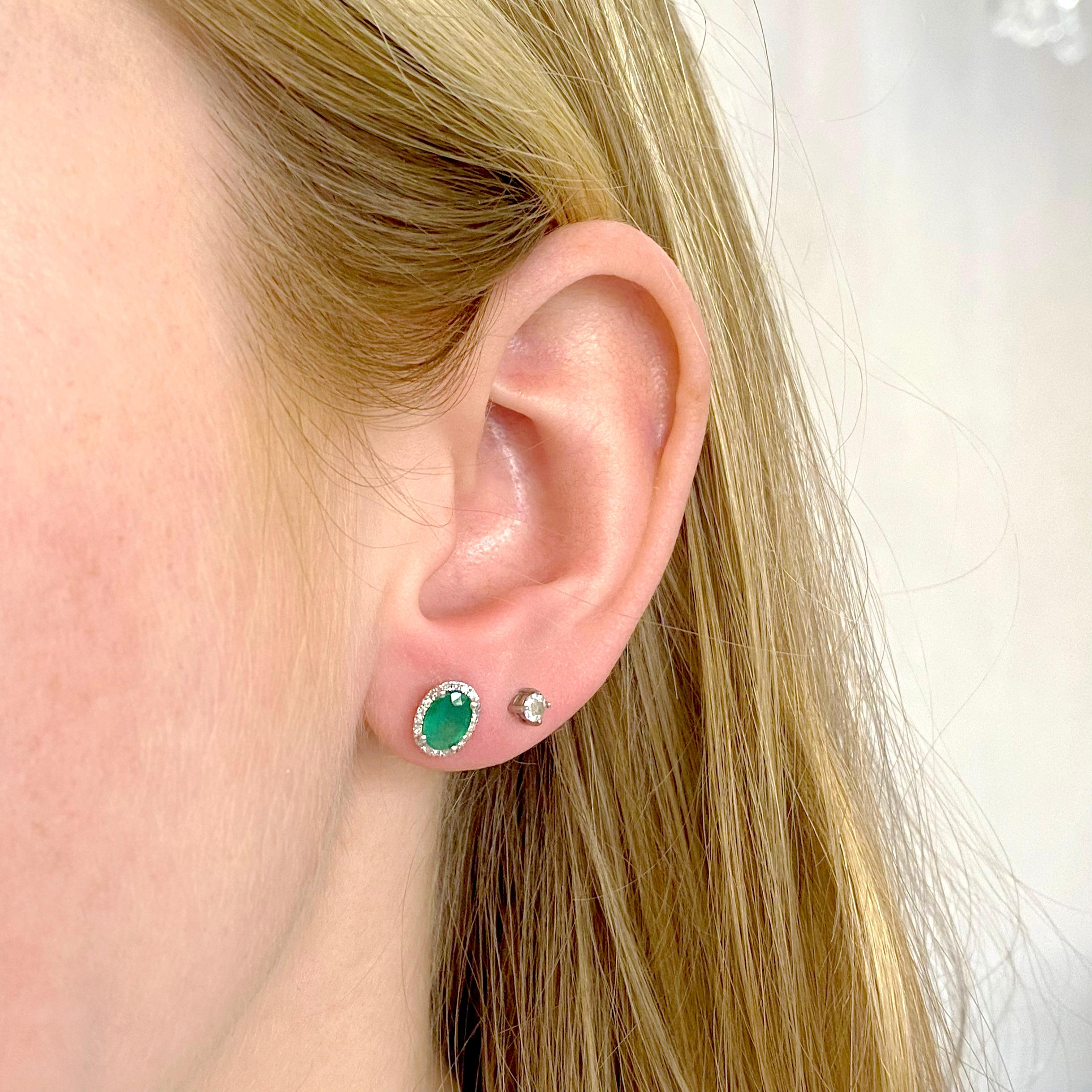 Contemporary Oval Emerald Earring with Diamond Halo Post Stud Style, Green Emeralds