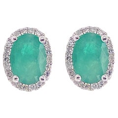 Oval Emerald Earring with Diamond Halo Post Stud Style, Green Emeralds