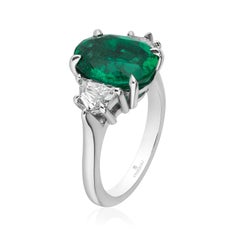 Oval Emerald Engagement Ring with Diamond Side Stones Platinum Andreoli