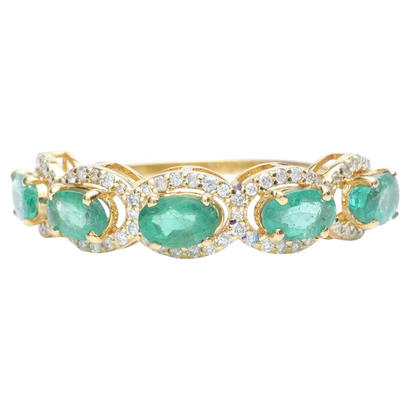 Oval Emerald Gem Natural Diamond Eternity Ring in 14K Solid Gold (Certified) For Sale