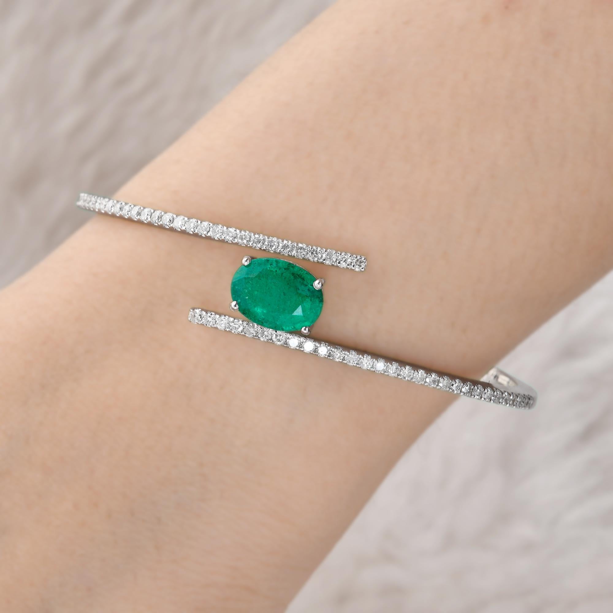 Modern Oval Emerald Gemstone Bangle Bracelet Pave Diamond 14k White Gold Fine Jewelry For Sale