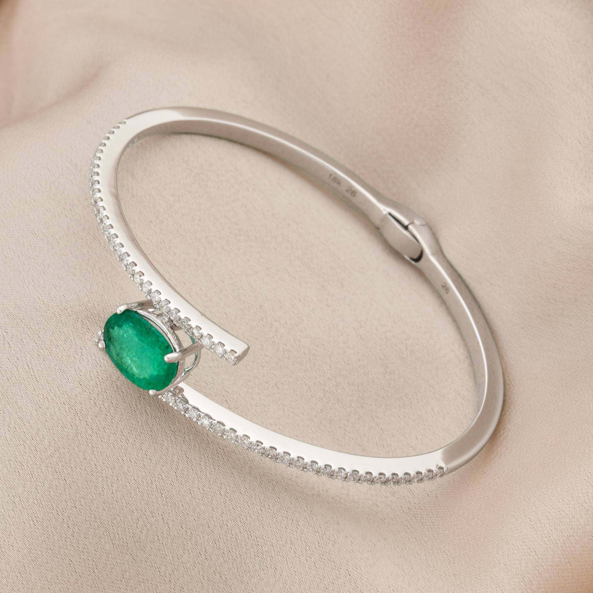 Oval Cut Oval Emerald Gemstone Bangle Bracelet Pave Diamond 14k White Gold Fine Jewelry For Sale