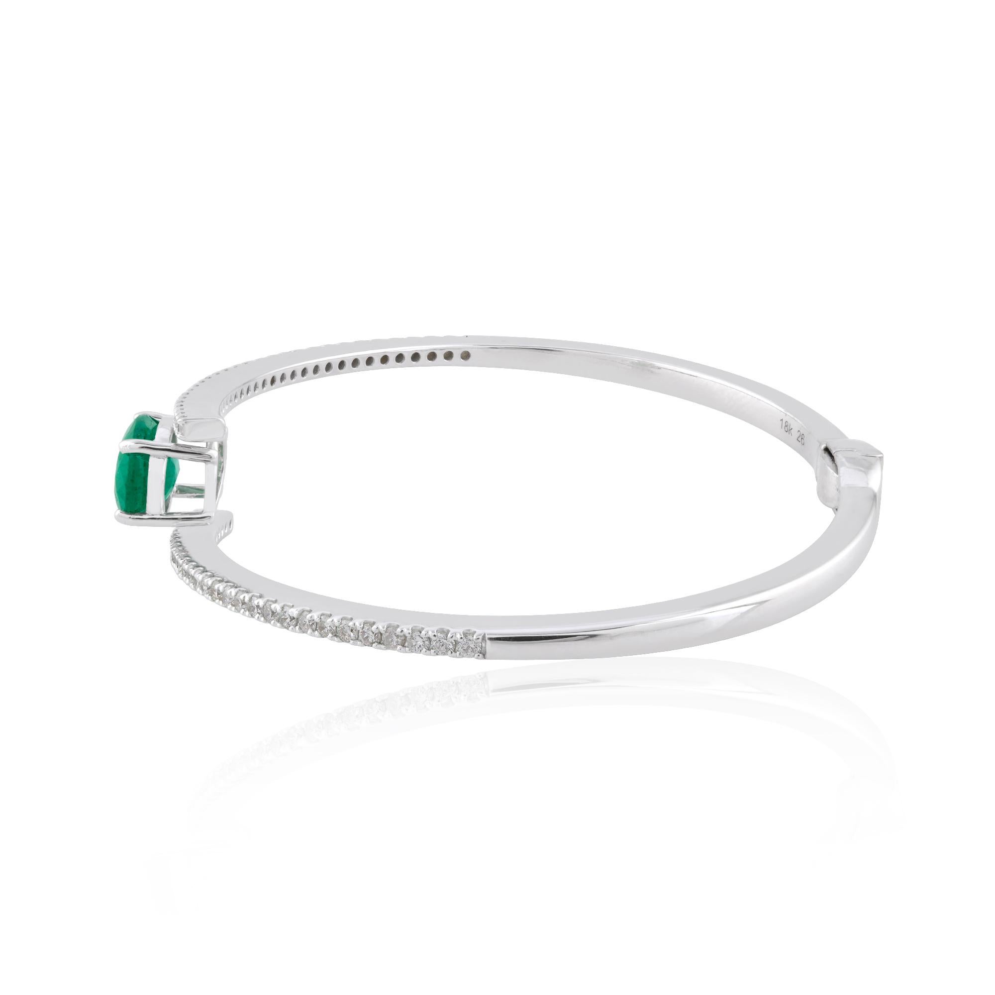 Women's Oval Emerald Gemstone Bangle Bracelet Pave Diamond 14k White Gold Fine Jewelry For Sale