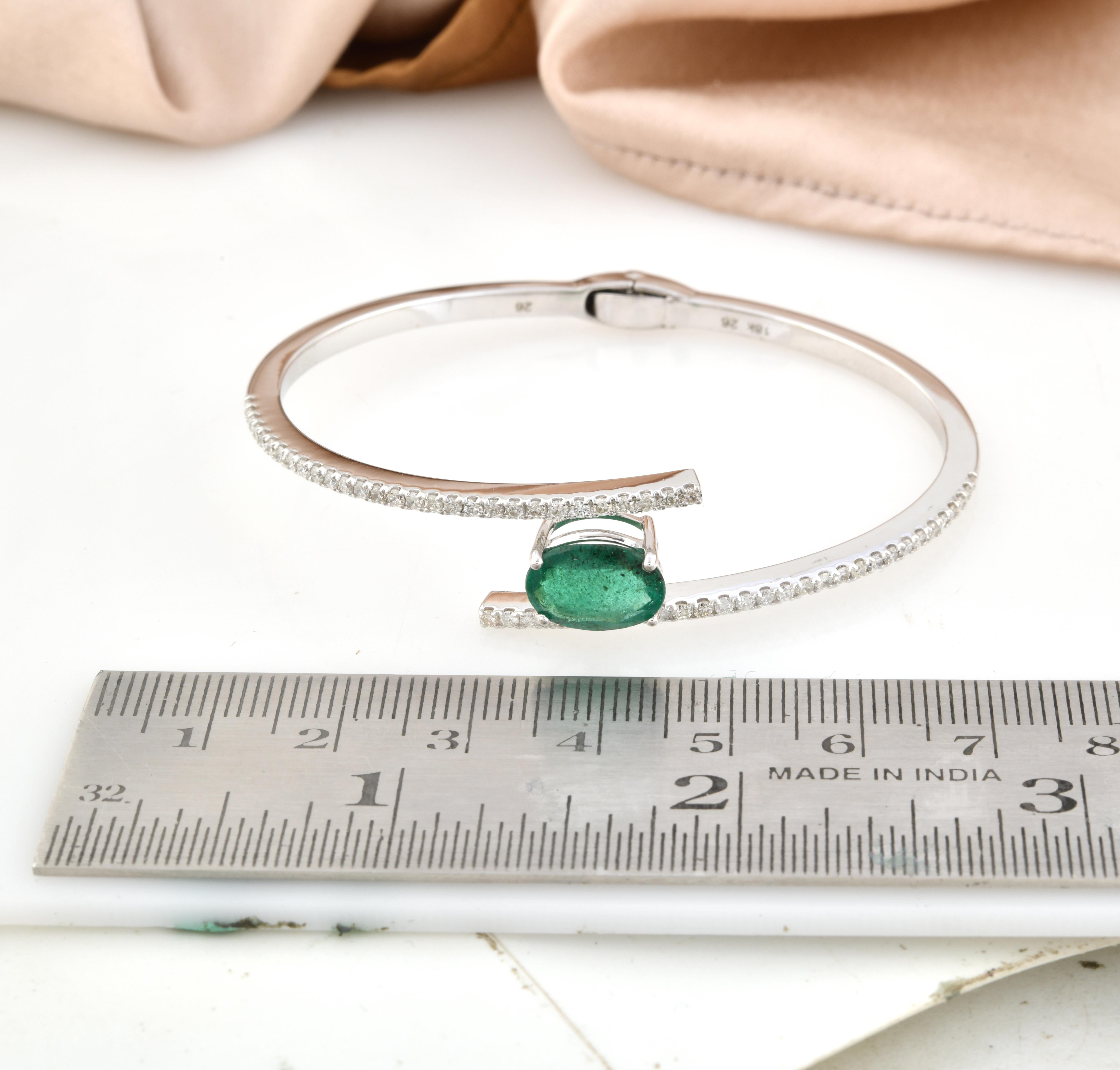 Oval Emerald Gemstone Bangle Bracelet Pave Diamond 14k White Gold Fine Jewelry For Sale 1