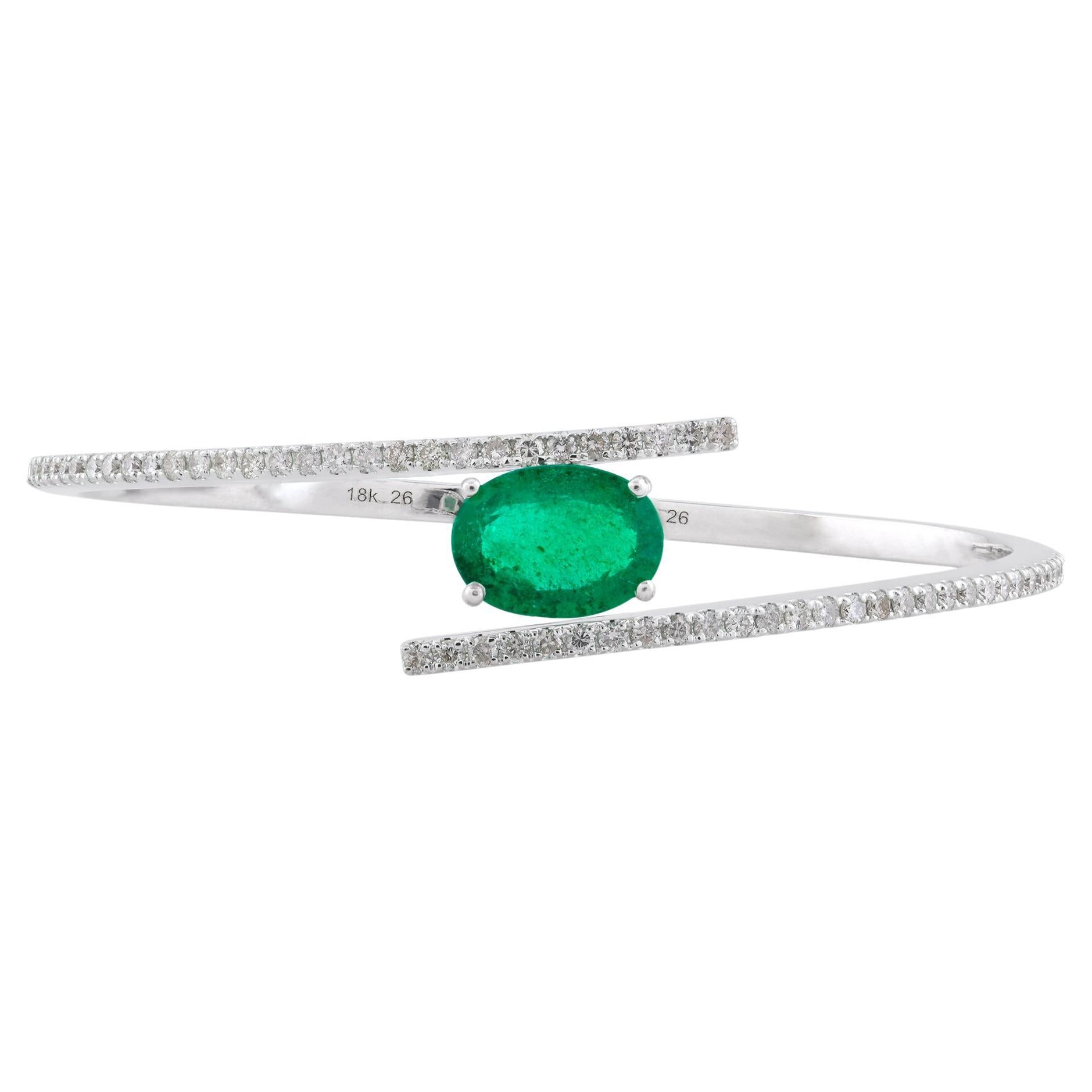 Oval Emerald Gemstone Bangle Bracelet Pave Diamond 14k White Gold Fine Jewelry For Sale