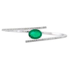 Oval Emerald Gemstone Bangle Bracelet Pave Diamond 14k White Gold Fine Jewelry