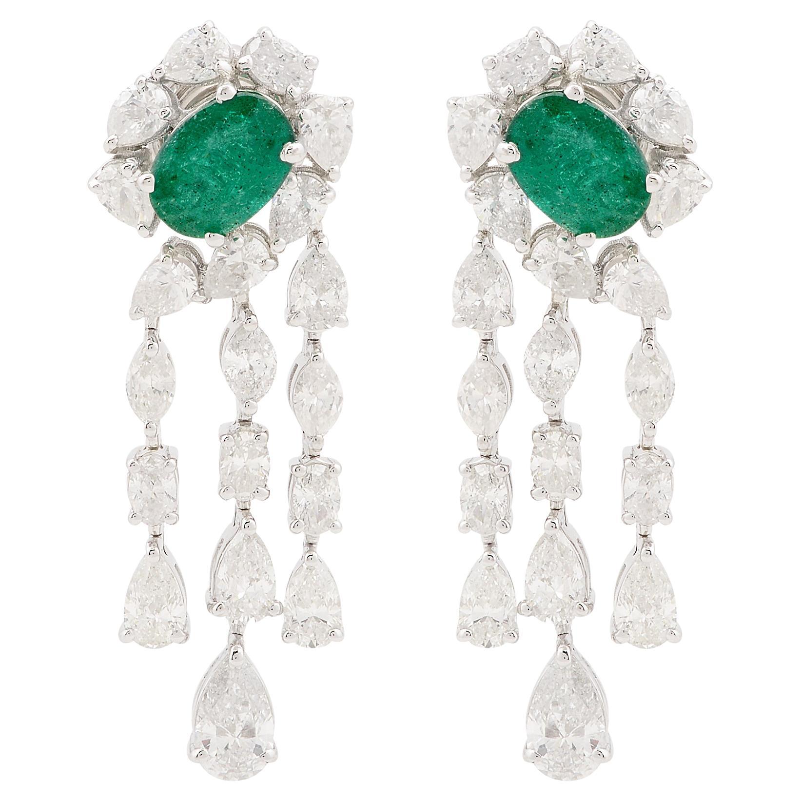 Oval Emerald Gemstone Chandelier Earrings Diamond Solid 18k White Gold Jewelry