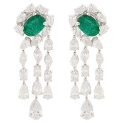 Oval Emerald Gemstone Chandelier Earrings Diamond Solid 18k White Gold Jewelry