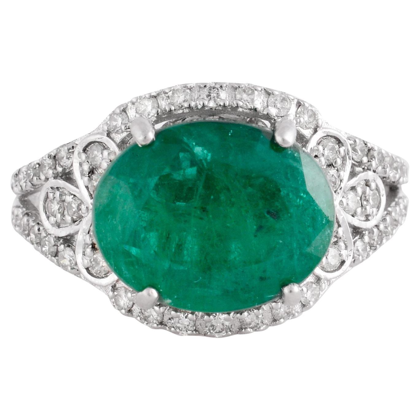 Oval Emerald Gemstone Dome Ring SI Clarity HI Color Diamond 18 Karat White Gold
