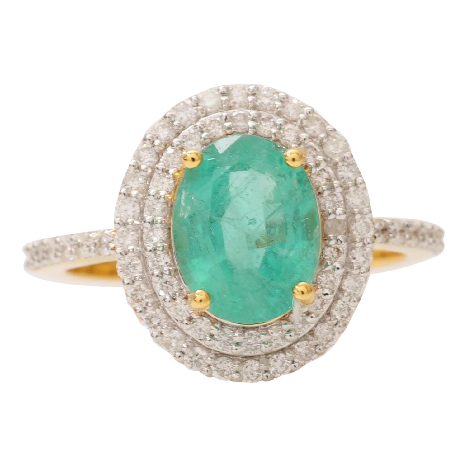 Anello con smeraldo ovale e doppio diamante aureolato in oro massiccio 14k (certificato)
