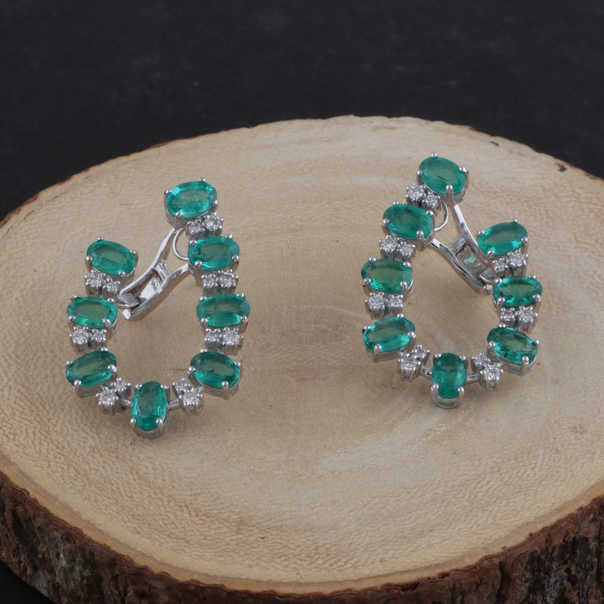 Modern Oval Emerald Gemstone Earrings Diamond 18 Karat White Gold Handmade Fine Jewelry For Sale