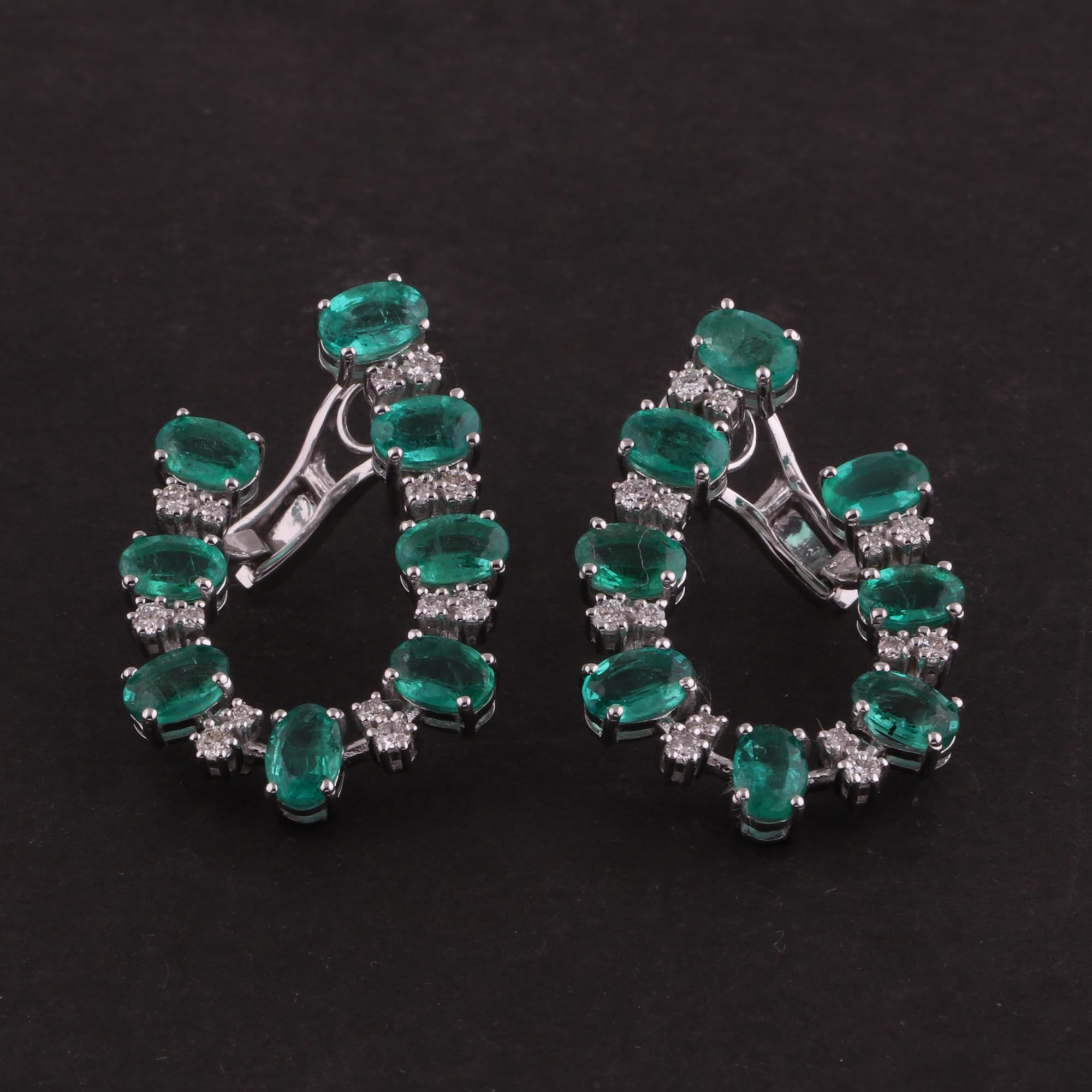 Oval Cut Oval Emerald Gemstone Earrings Diamond 18 Karat White Gold Handmade Fine Jewelry For Sale