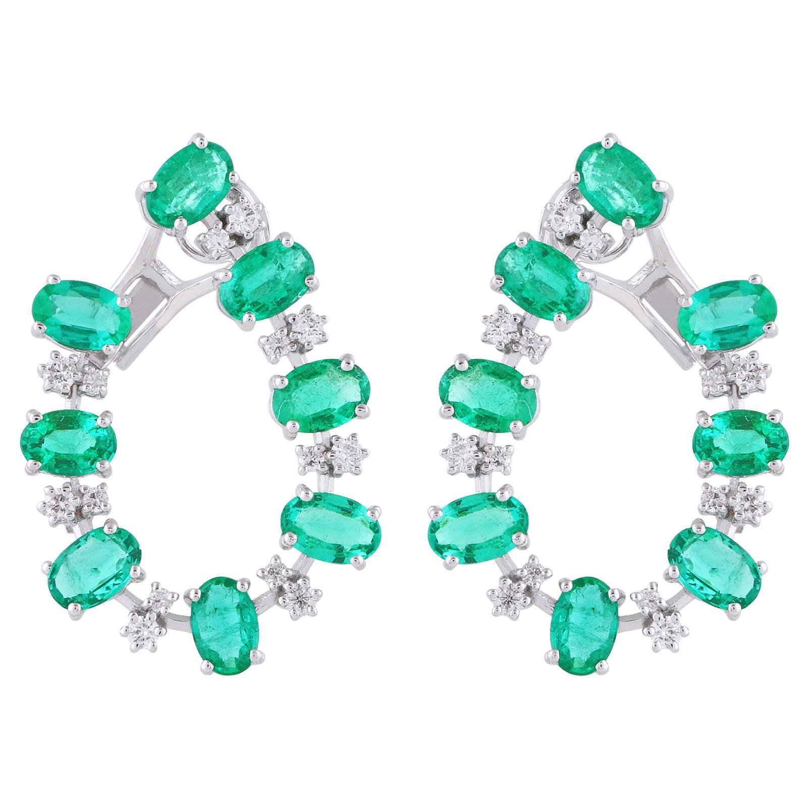 Oval Emerald Gemstone Earrings Diamond 18 Karat White Gold Handmade Fine Jewelry For Sale