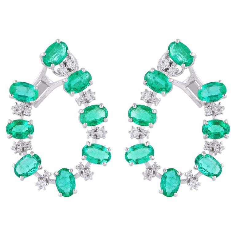 Oval Emerald Gemstone Earrings Diamond 18 Karat White Gold Handmade