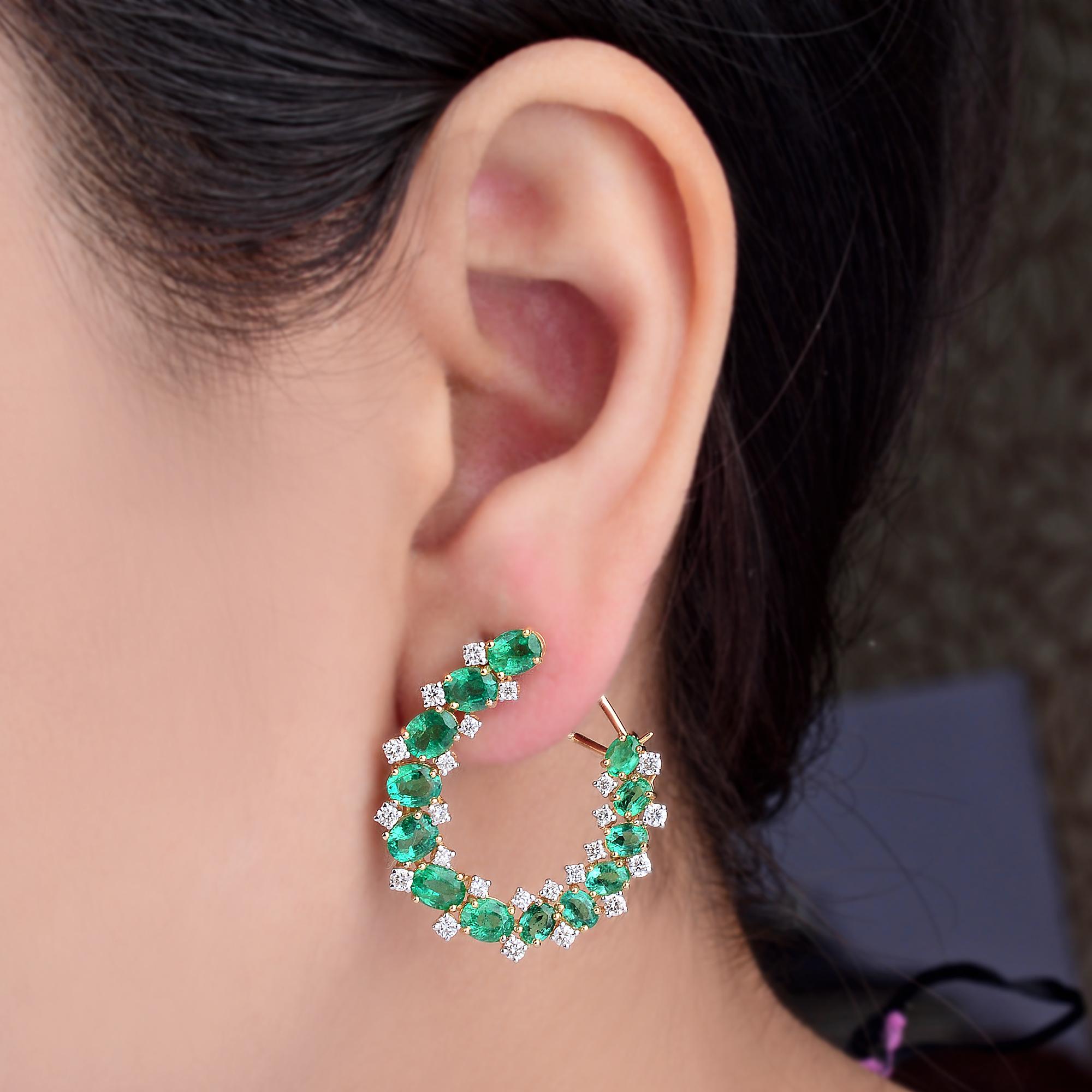 Oval Smaragd-Edelstein-Ohrringe SI Reinheit HI Farbe Diamant 14k Gelbgold (Moderne) im Angebot