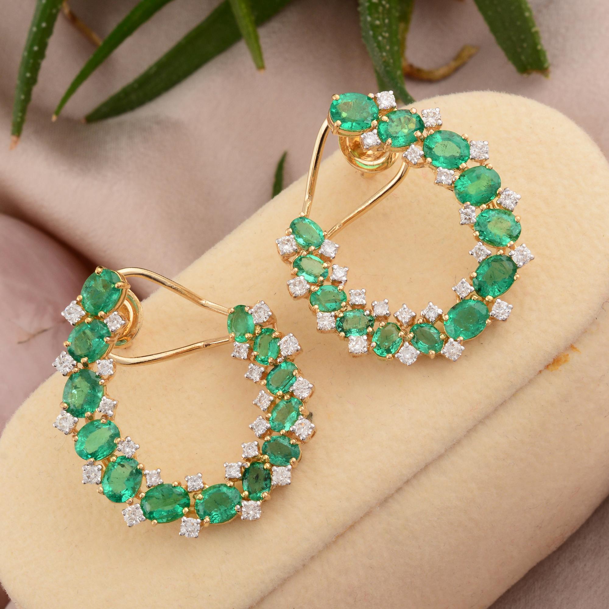 Oval Cut Oval Emerald Gemstone Hoop Earrings SI Clarity HI Color Diamond 14k Yellow Gold For Sale