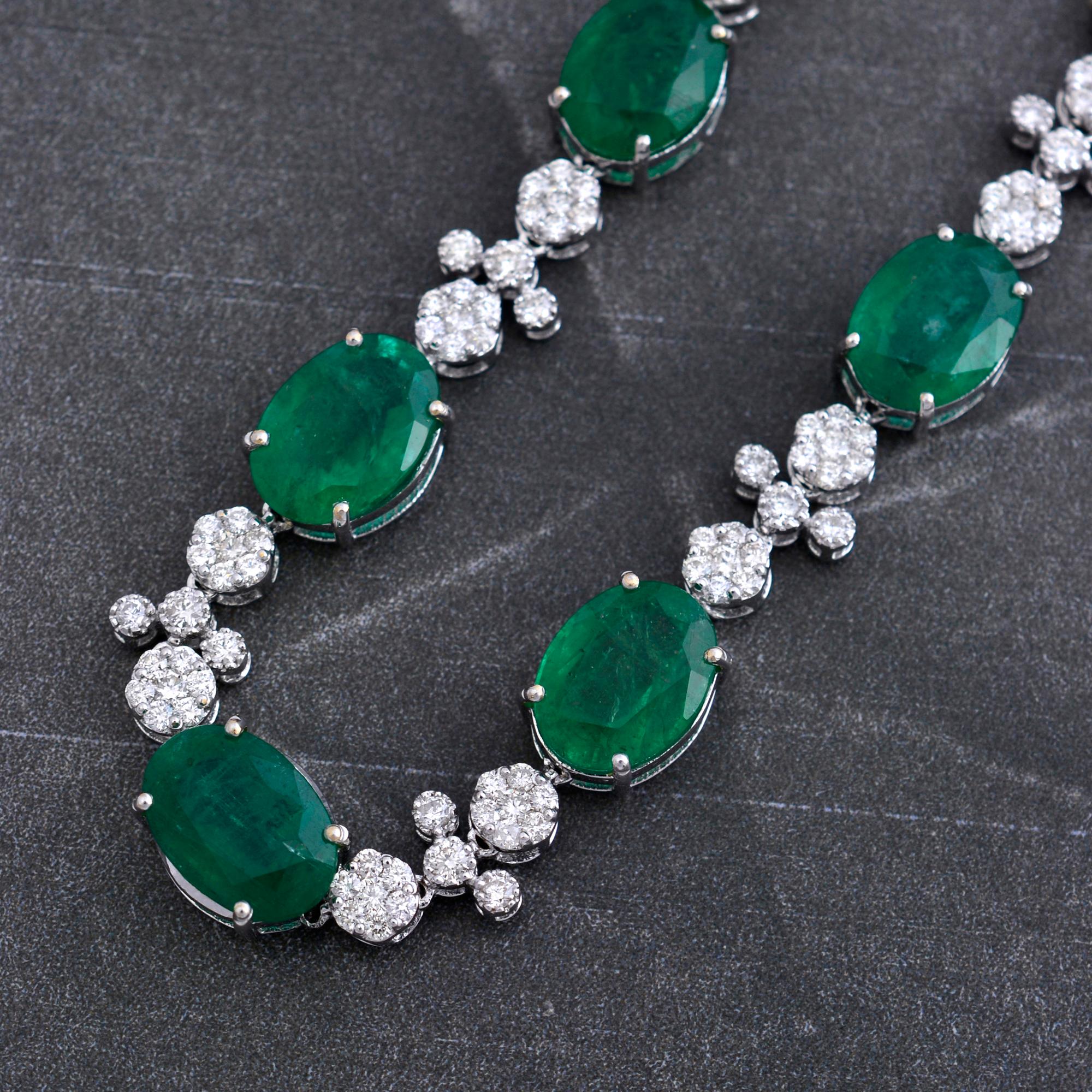 Modern Oval Emerald Gemstone Necklace Diamond 14 Karat White Gold Handmade Fine Jewelry For Sale