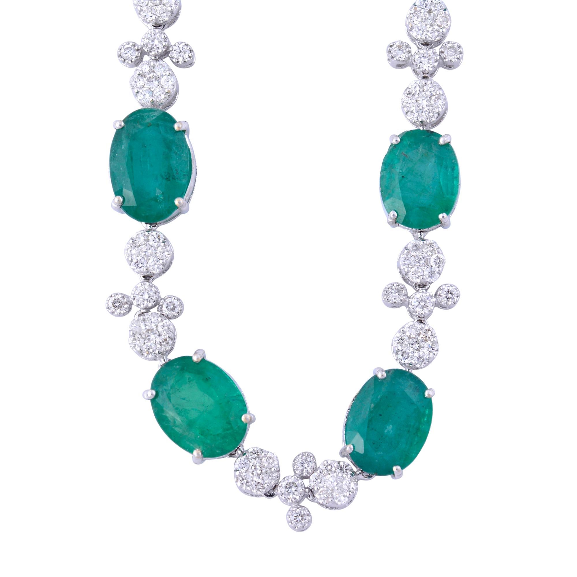 Oval Cut Oval Emerald Gemstone Necklace Diamond 14 Karat White Gold Handmade Fine Jewelry For Sale