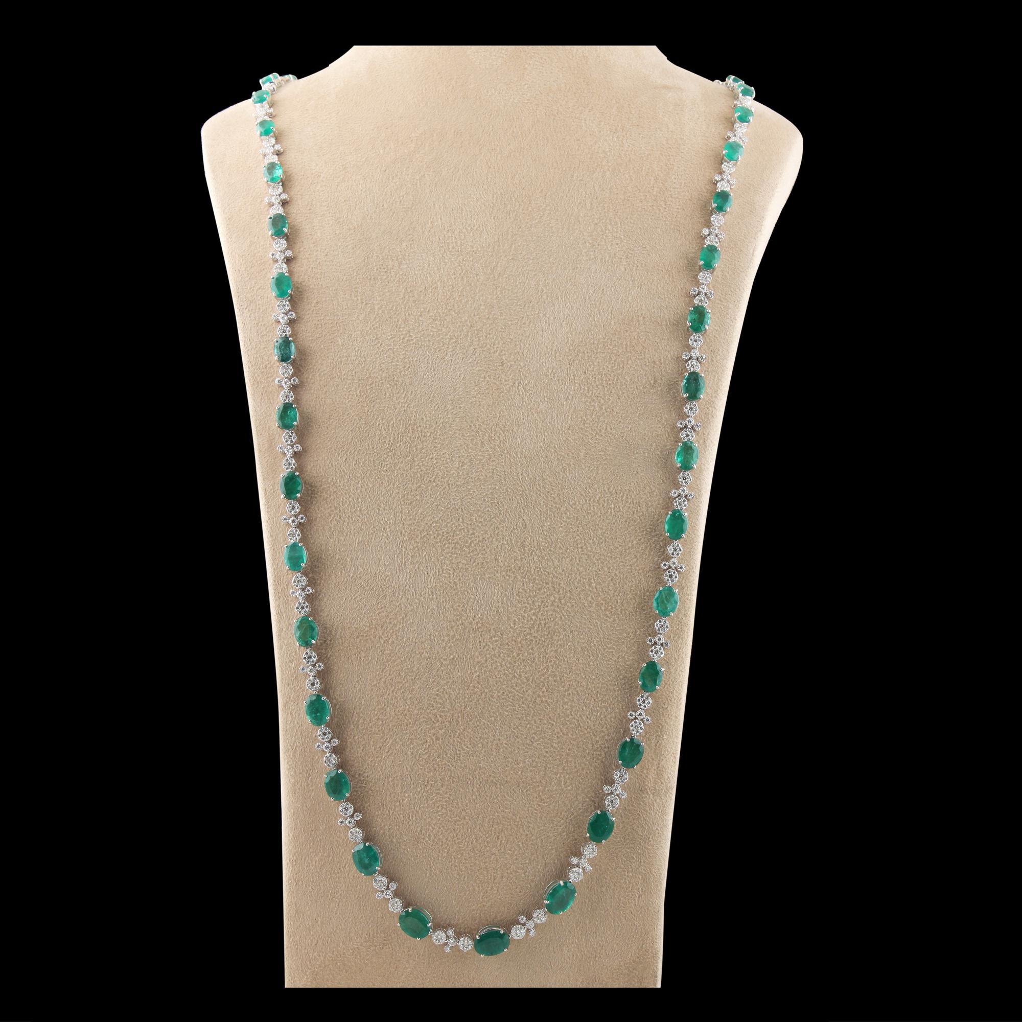 Women's Oval Emerald Gemstone Necklace Diamond 14 Karat White Gold Handmade Fine Jewelry For Sale