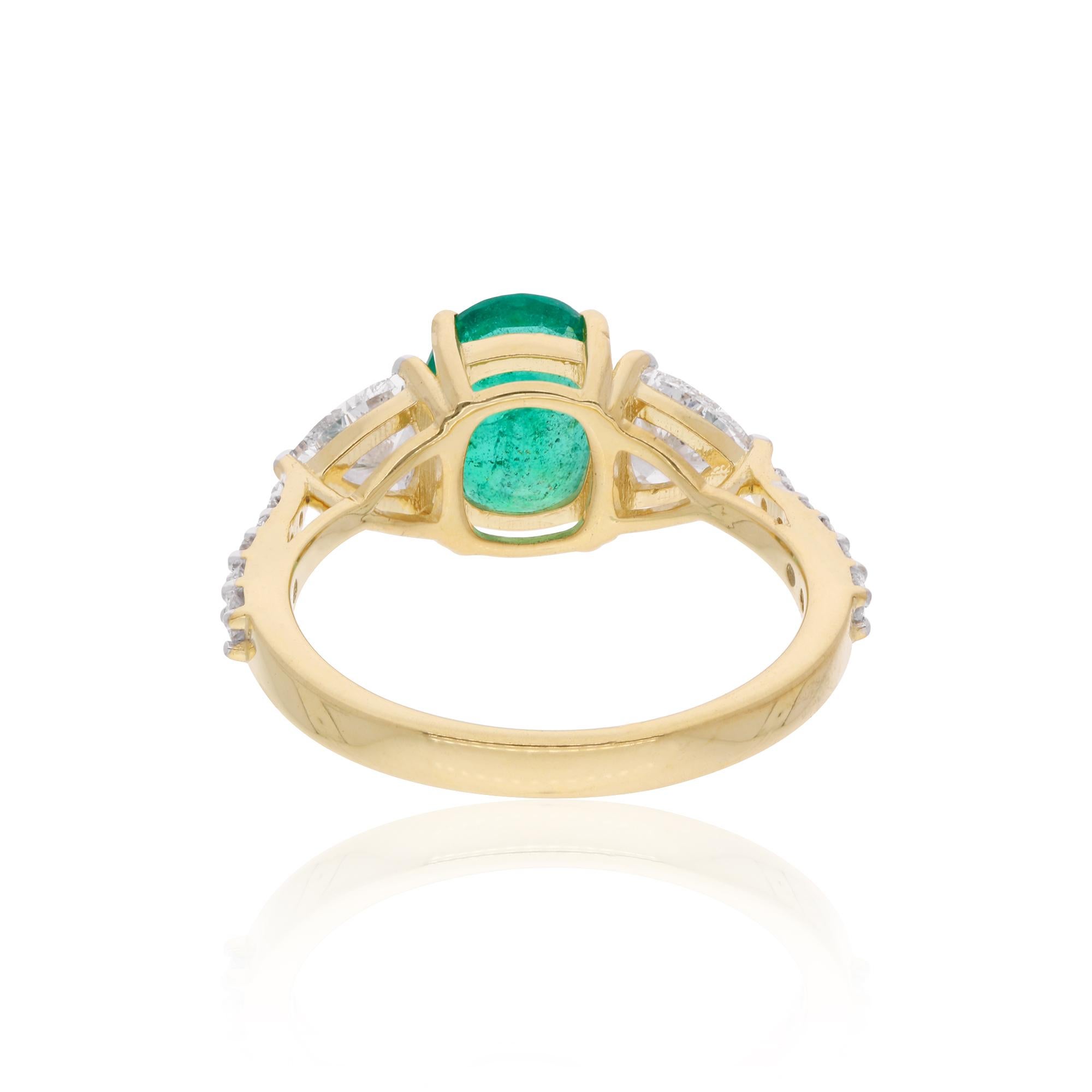 Women's Oval Emerald Gemstone Ring Diamond 18 Karat Yellow Gold Handmade Fine Jewelry For Sale