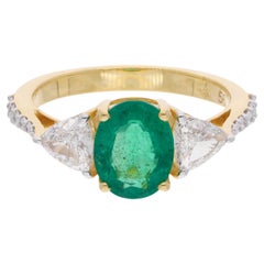 Oval Emerald Gemstone Ring Diamond 18 Karat Yellow Gold Handmade Fine Jewelry