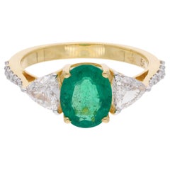 Bague en or jaune 18 carats avec diamants et émeraude ovale, faite à la main, bijouterie d
art