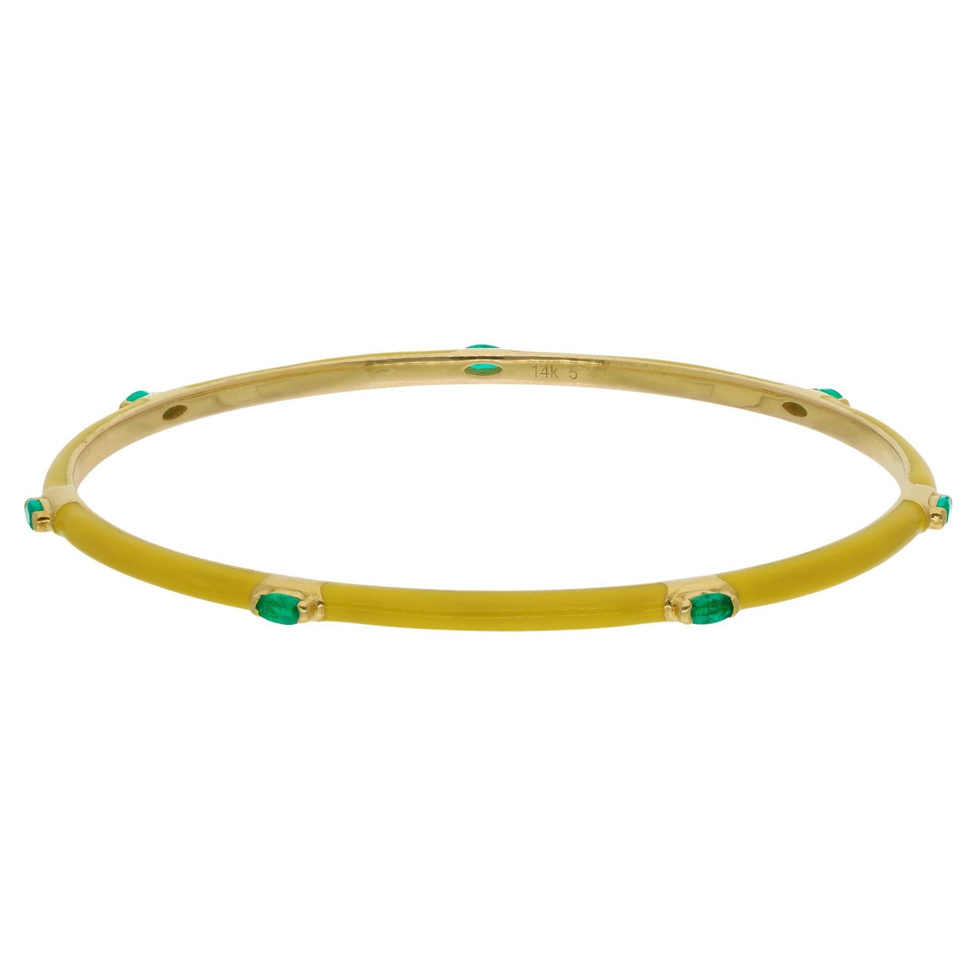 Smaragd-Edelstein-Armreif Gelb-Emaille-Armband 14 Karat Gelbgold im Angebot