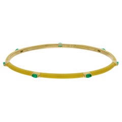 Oval Emerald Gemstone Sleek Bangle Yellow Enamel Bracelet 14 Karat Yellow Gold