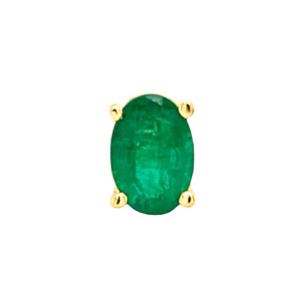 Modern Oval Emerald Gemstone Stud Earrings - 0.70 to 0.80 Ct, 14K Yellow Gold For Sale
