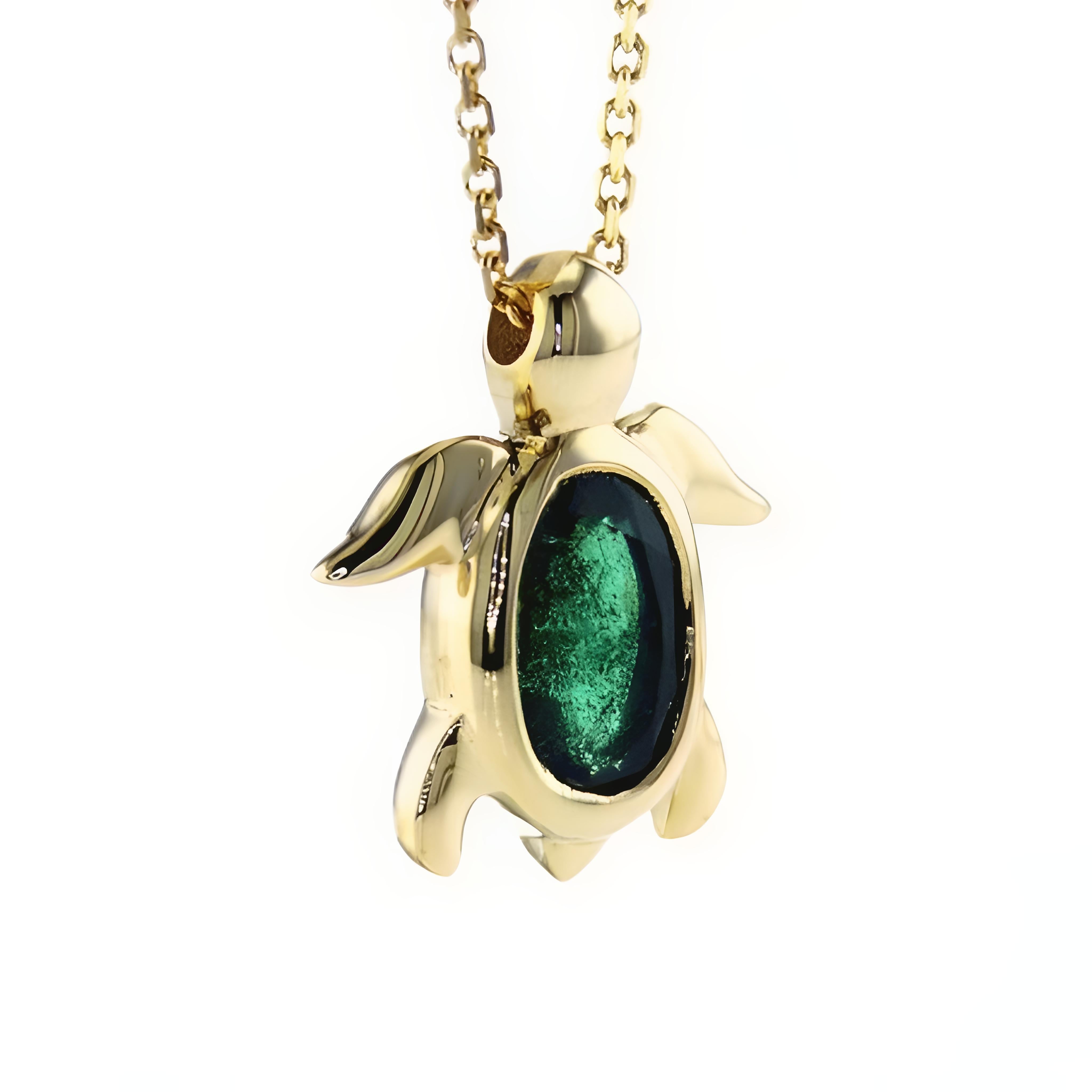 0.50Ct Oval Natural Emerald and 14K Yellow Gold Sea Turtle Pendant

Product Description:

Presenting our Emerald & Gold SeaTurtle Pendant, an artful creation that brings together the mystique of the sea and the elegance of fine jewelry. Featuring a