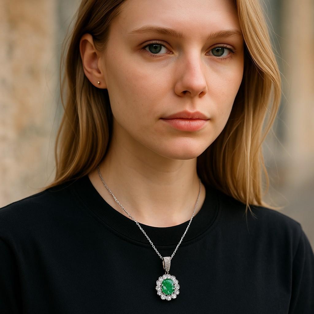 Oval Emerald Halo Diamond 1.40 Carat Gold Pendant Layered 16.70 Inch Necklace For Sale 2