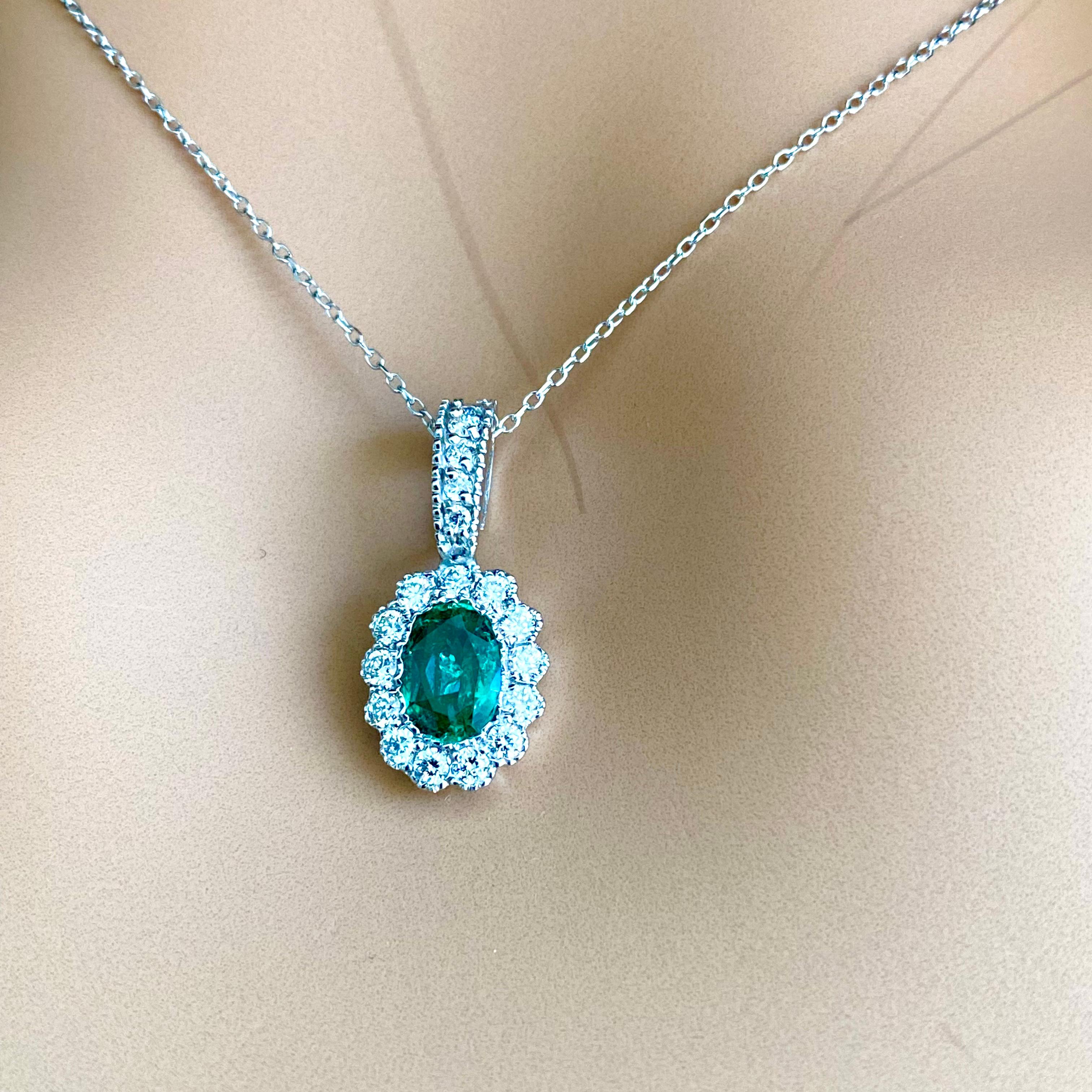 Contemporary Oval Emerald Halo Diamond 1.40 Carat Gold Pendant Layered 16.70 Inch Necklace  For Sale