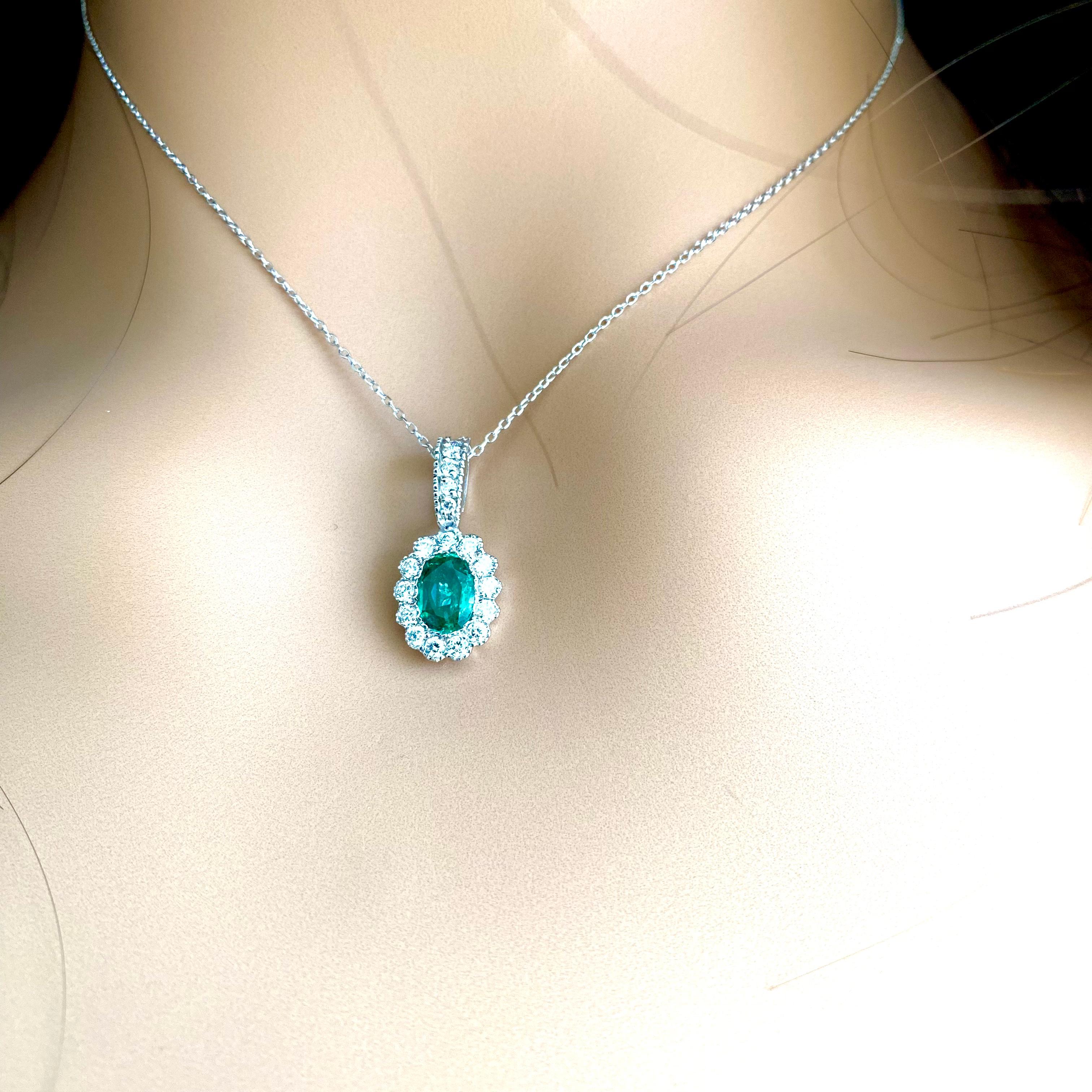 Oval Cut Oval Emerald Halo Diamond 1.40 Carat Gold Pendant Layered 16.70 Inch Necklace  For Sale