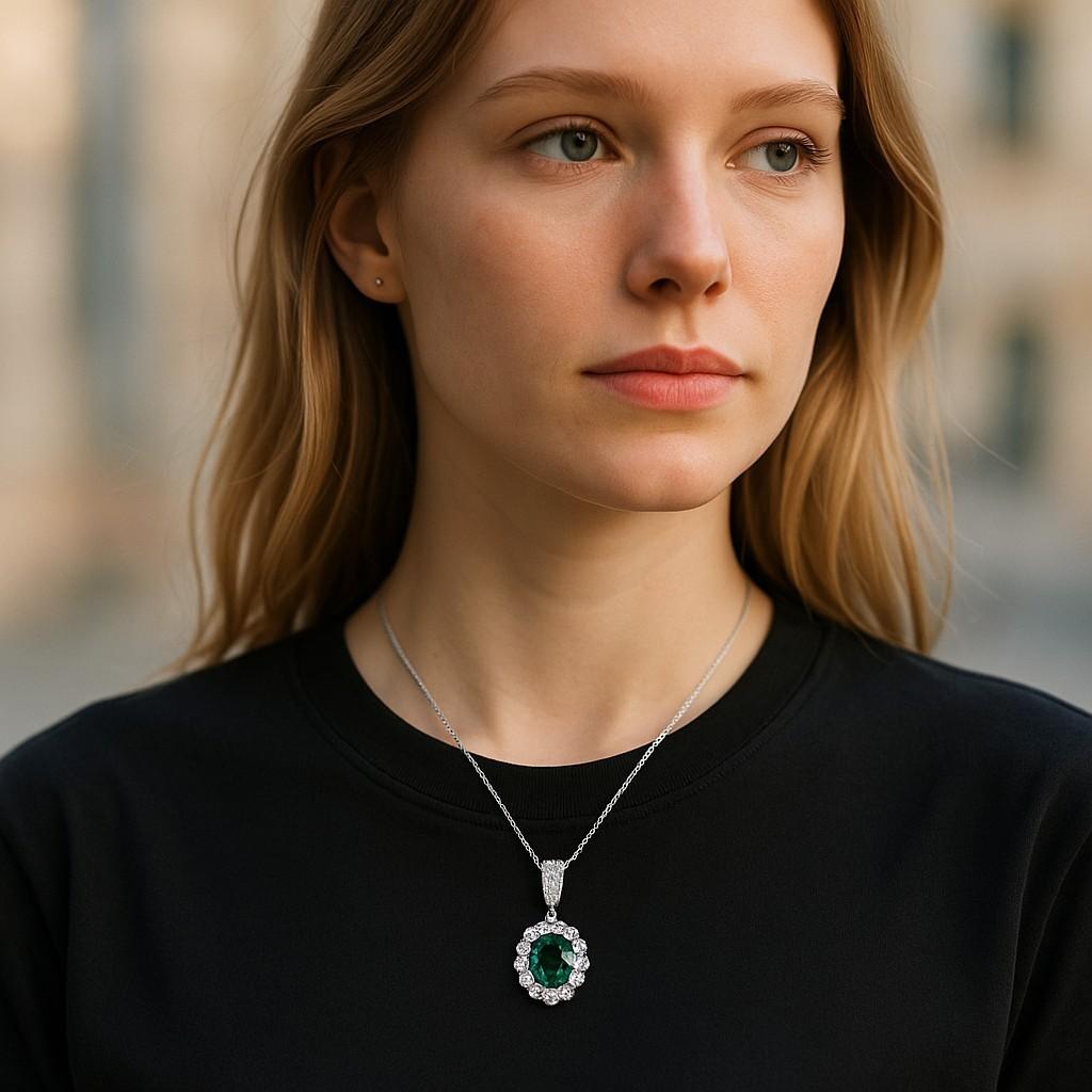Contemporary Oval Emerald Halo Diamond 1.40 Carat Gold Pendant Layered 16.70 Inch Necklace For Sale