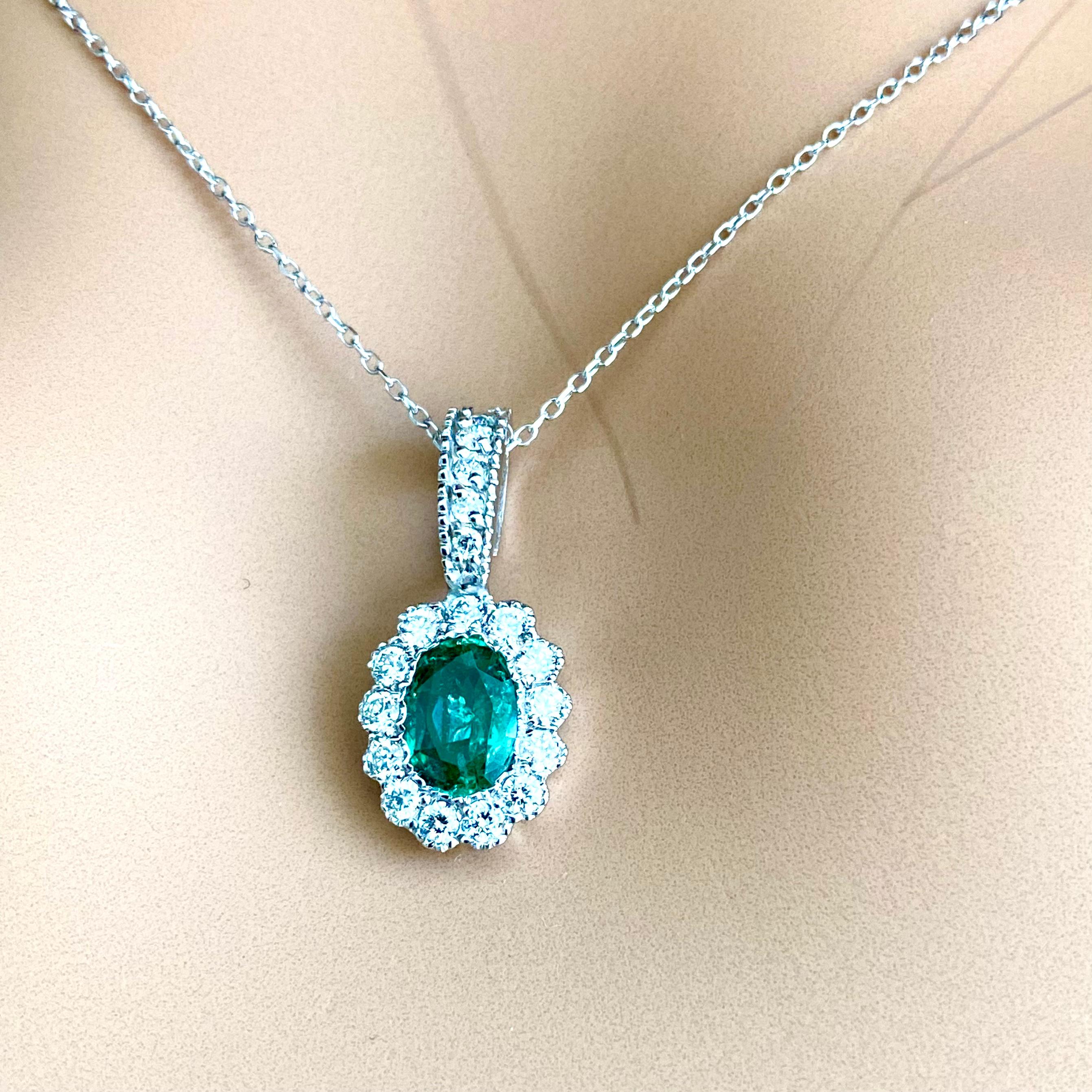 Oval Emerald Halo Diamond 1.40 Carat Gold Pendant Layered 16.70 Inch Necklace  In New Condition For Sale In New York, NY
