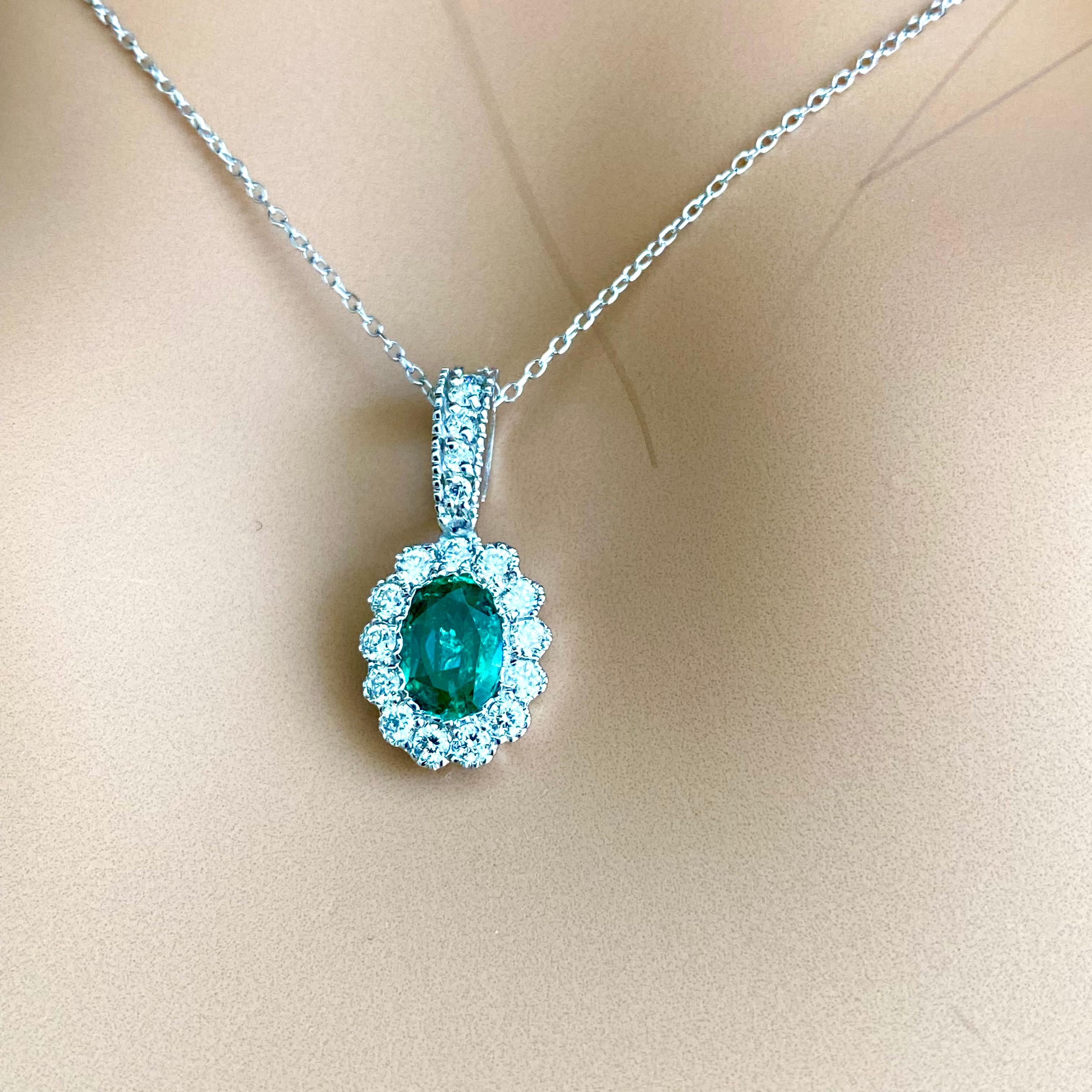 Oval Emerald Halo Diamond 1.40 Carat Gold Pendant Layered 16.70 Inch Necklace  For Sale 1