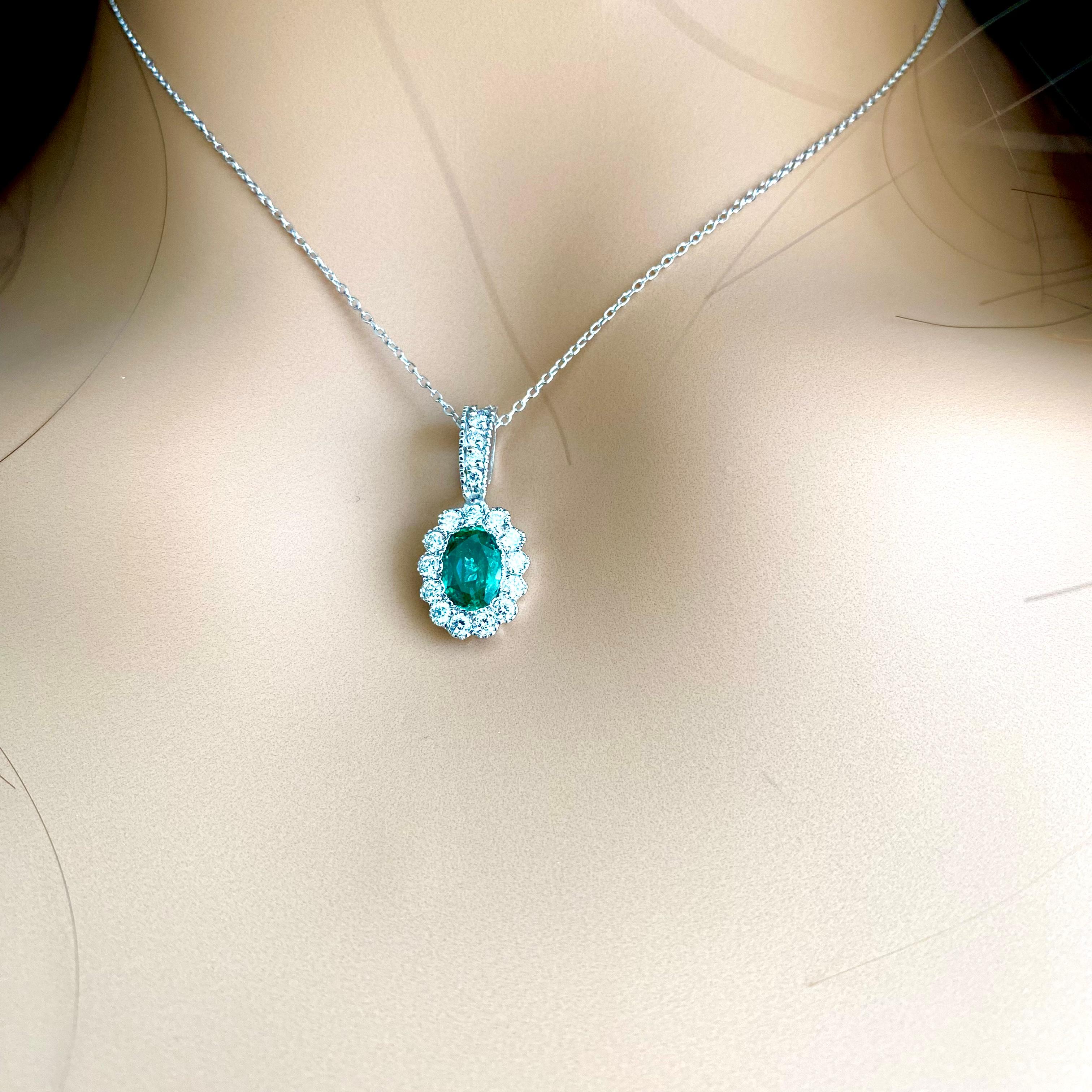 Oval Emerald Halo Diamond 1.40 Carat Gold Pendant Layered 16.70 Inch Necklace  For Sale 3
