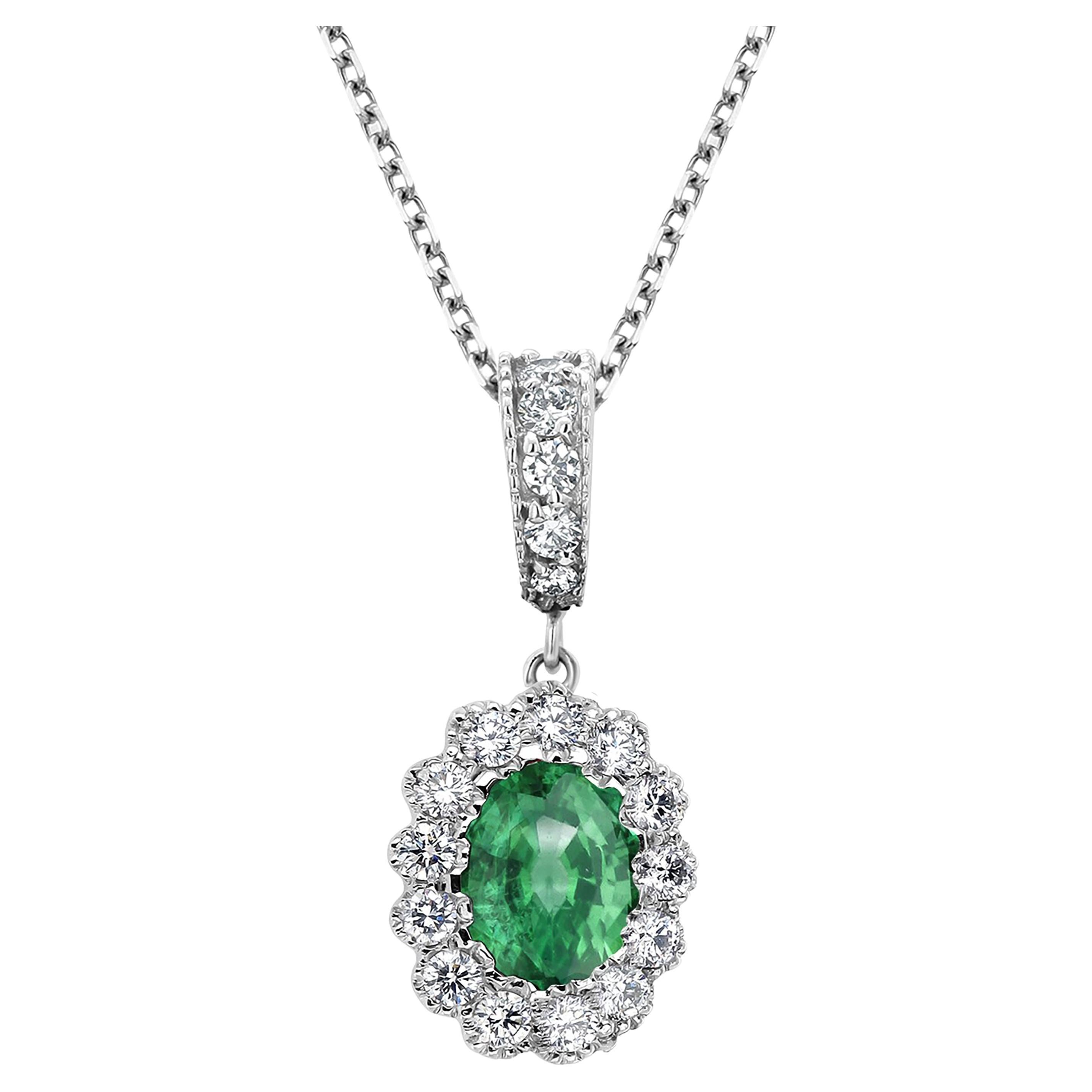 Oval Emerald Halo Diamond 1.40 Carat Gold Pendant Layered 16.70 Inch Necklace  For Sale