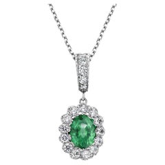 Oval Emerald Halo Diamond 1.40 Carat Gold Pendant Layered 16.70 Inch Necklace 