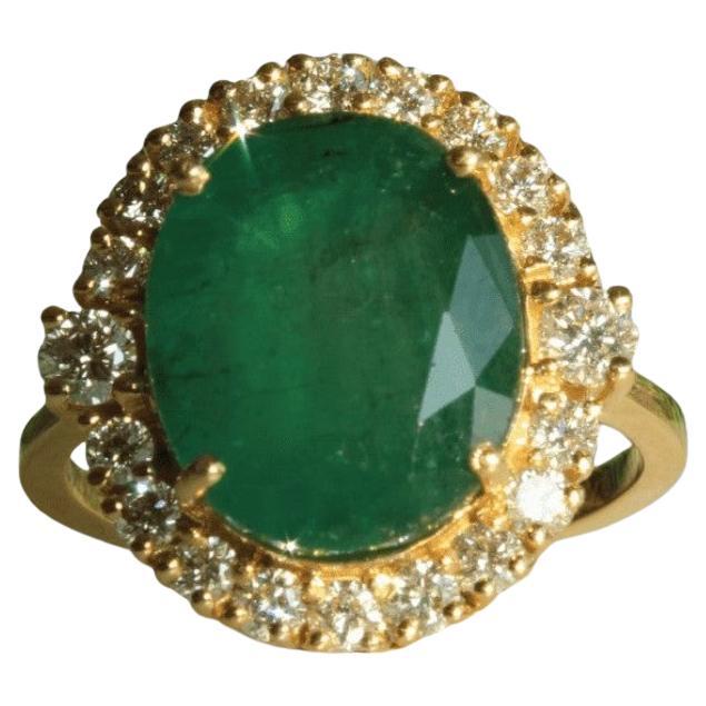 Oval Emerald Halo Diamond Gemstone Ring in 14K Solid Gold (Certified)