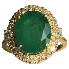 Oval Emerald Halo Diamond Gemstone Ring in 14K Solid Gold (Certified)