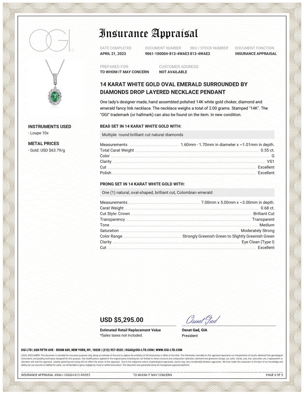 Fourteen karats white gold trending layered necklace pendant with oval-shaped emerald and surrounded by diamonds 
Fine quality oval-shaped emerald weighing 0.70 carat
Diamond weighing 0.68 carats
Emerald hue tone color grass green
Dropped pendant
