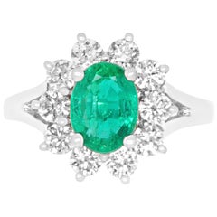 Oval Emerald and White Diamond Halo Engagement Ring 14K White Gold