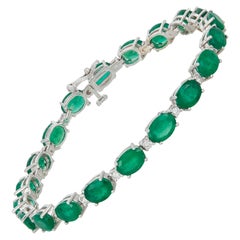 Oval Emerald Line Eternity Tennis Bracelet Round Diamond 14k White Gold