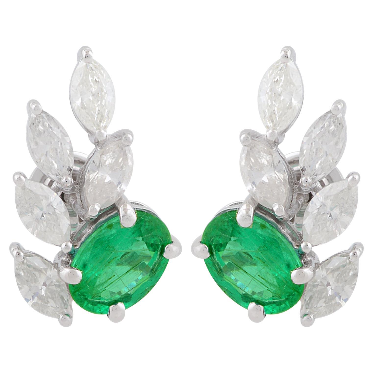 Oval Emerald Marquise Diamond Stud Earrings Women Gift 10 Karat White Gold