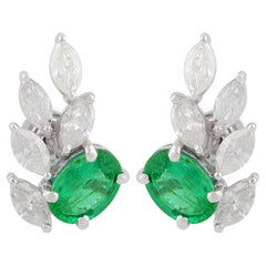 Oval Emerald Marquise Diamond Stud Earrings Women Gift 10 Karat White Gold